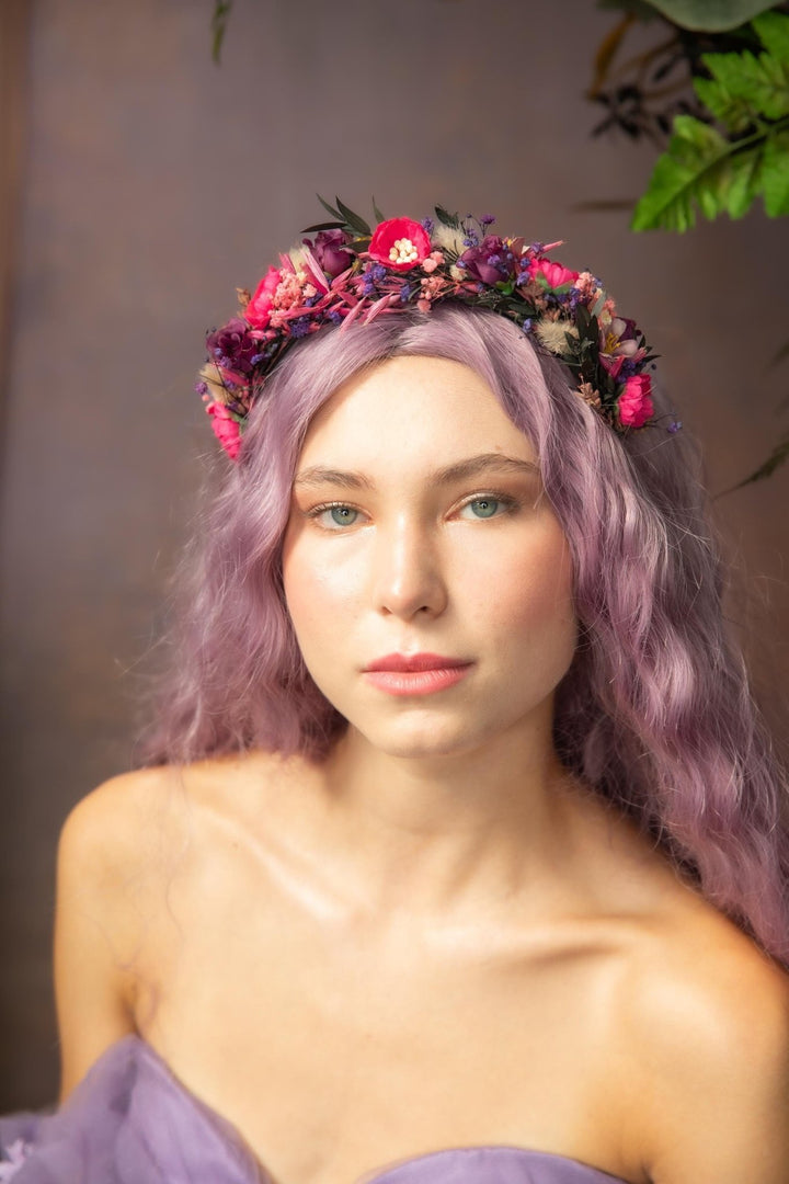Magenta Purple Flower Headband: Boho Bridal Headpiece – handmade floral hair accessory by magaela