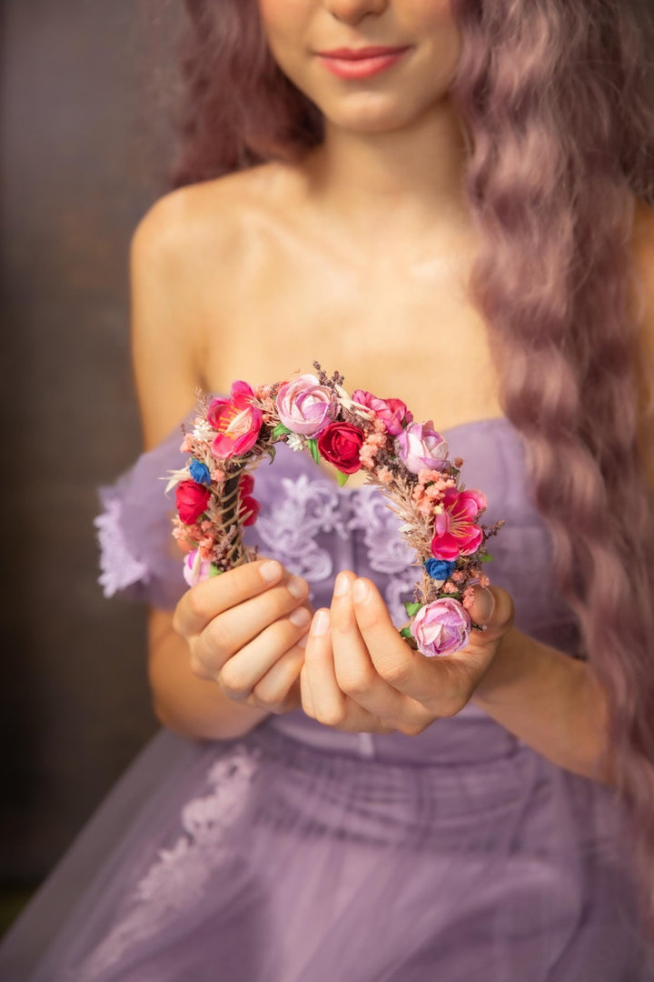 Raspberry Flower Headband: Magenta Bridal Headpiece – handmade floral hair accessory by magaela