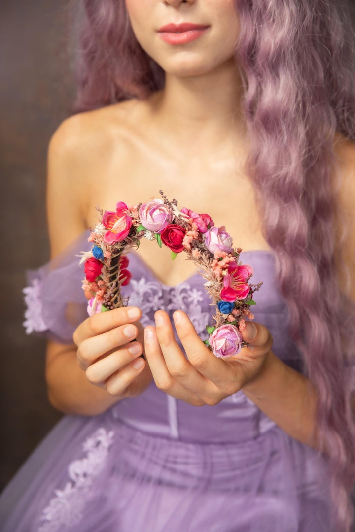 Raspberry Flower Headband: Magenta Bridal Headpiece – handmade floral hair accessory by magaela