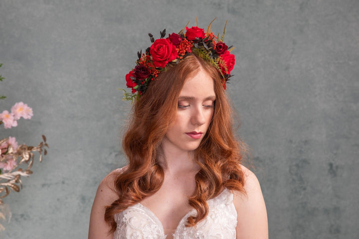 Red Rose Bridal Crown: Burgundy Flower Half Wreath Headpiece – handmade floral hair accessory by magaela