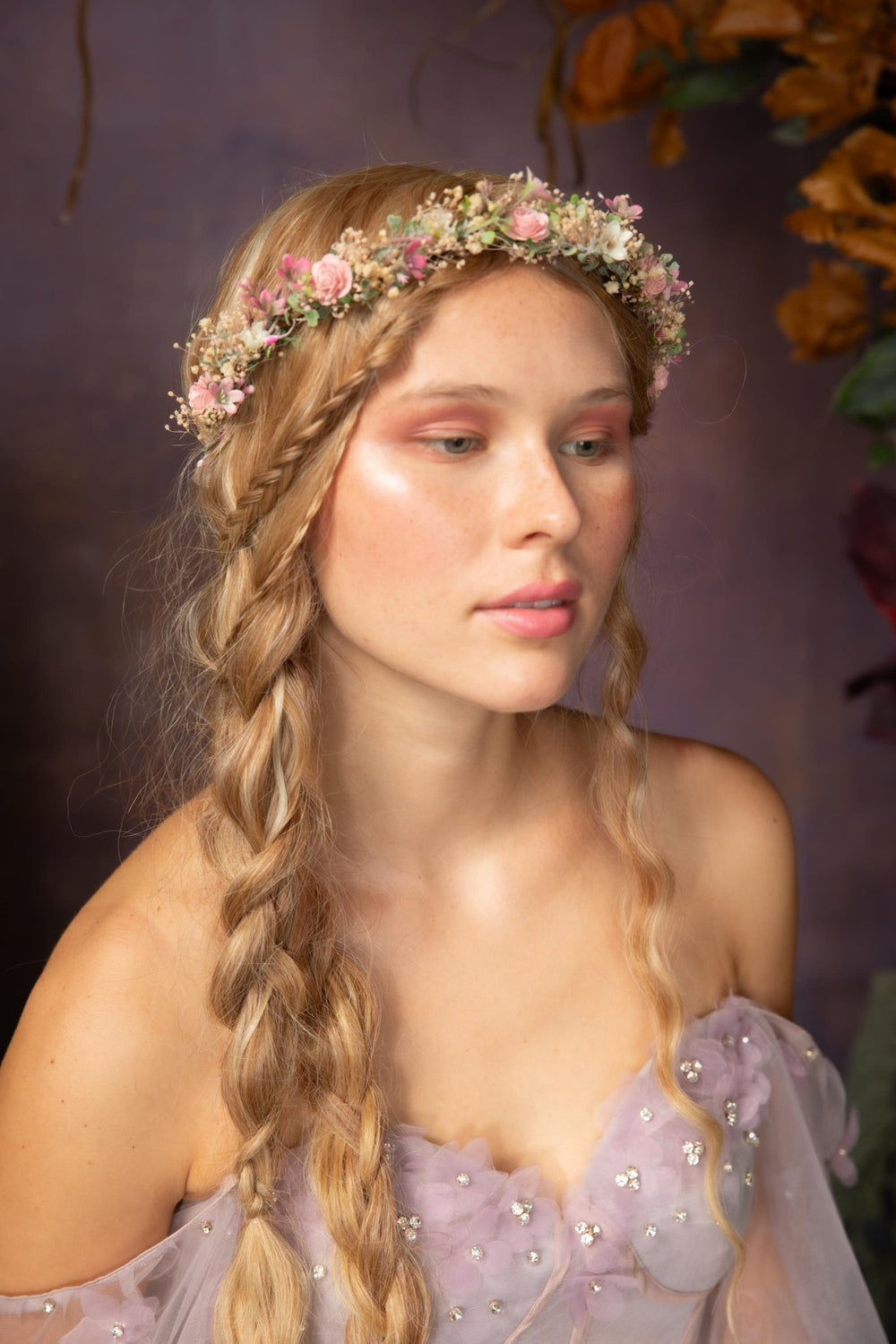 Pink Flower Hair Crown: Romantic Bridal Headpiece, Boho Wedding – handmade floral hair accessory by magaela