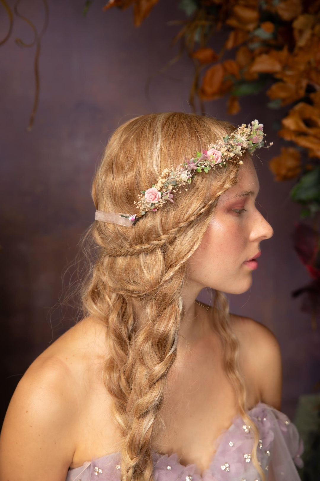 Pink Flower Hair Crown: Romantic Bridal Headpiece, Boho Wedding – handmade floral hair accessory by magaela