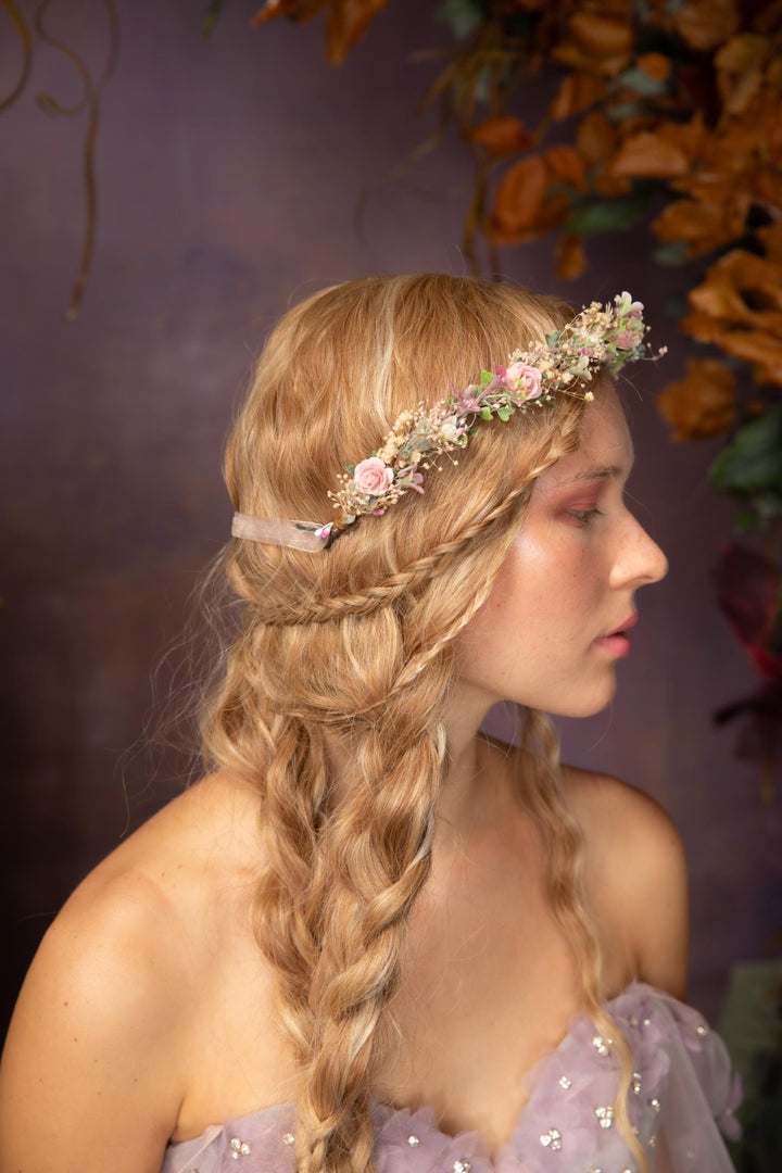 Pink Flower Hair Crown: Romantic Bridal Headpiece, Boho Wedding – handmade floral hair accessory by magaela