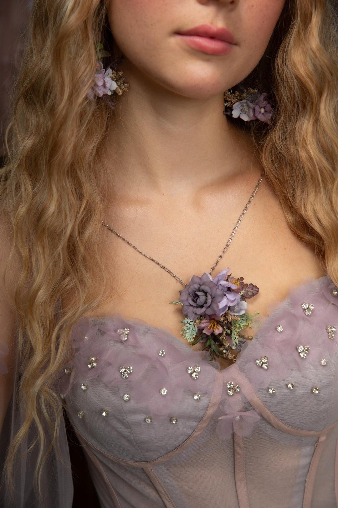 Purple Flower Necklace: Long Violet Pendant, Bridal Jewelry – handmade floral hair accessory by magaela