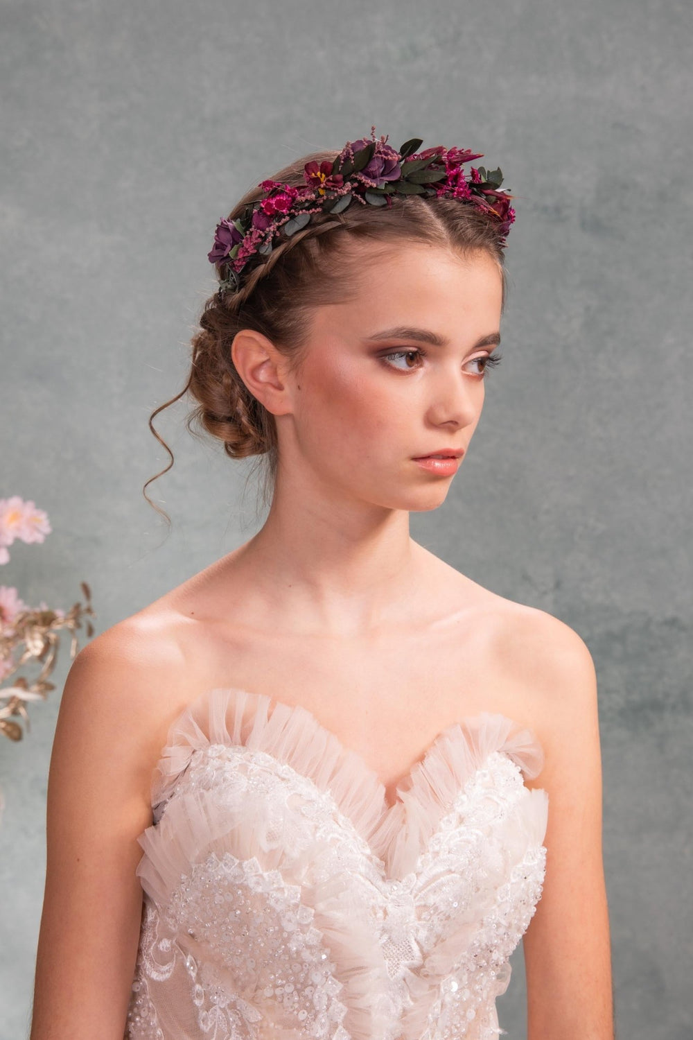 Burgundy Wedding Half Wreath: Dark Purple Floral Bridal Crown – handmade floral hair accessory by magaela