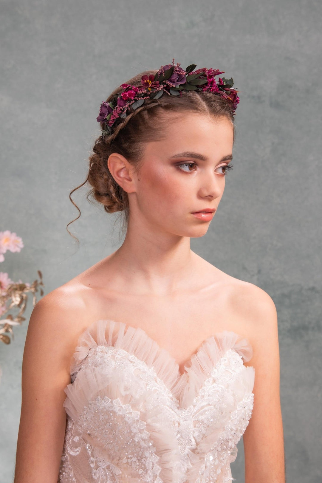 Burgundy Wedding Half Wreath: Dark Purple Floral Bridal Crown – handmade floral hair accessory by magaela