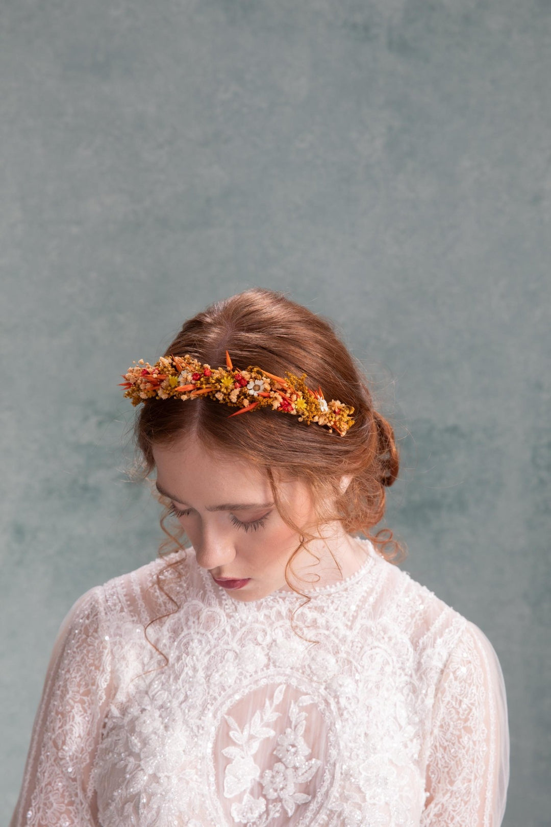 Rustic Autumn Wedding Headband: Preserved Burnt Orange Flowers – handmade floral hair accessory by magaela