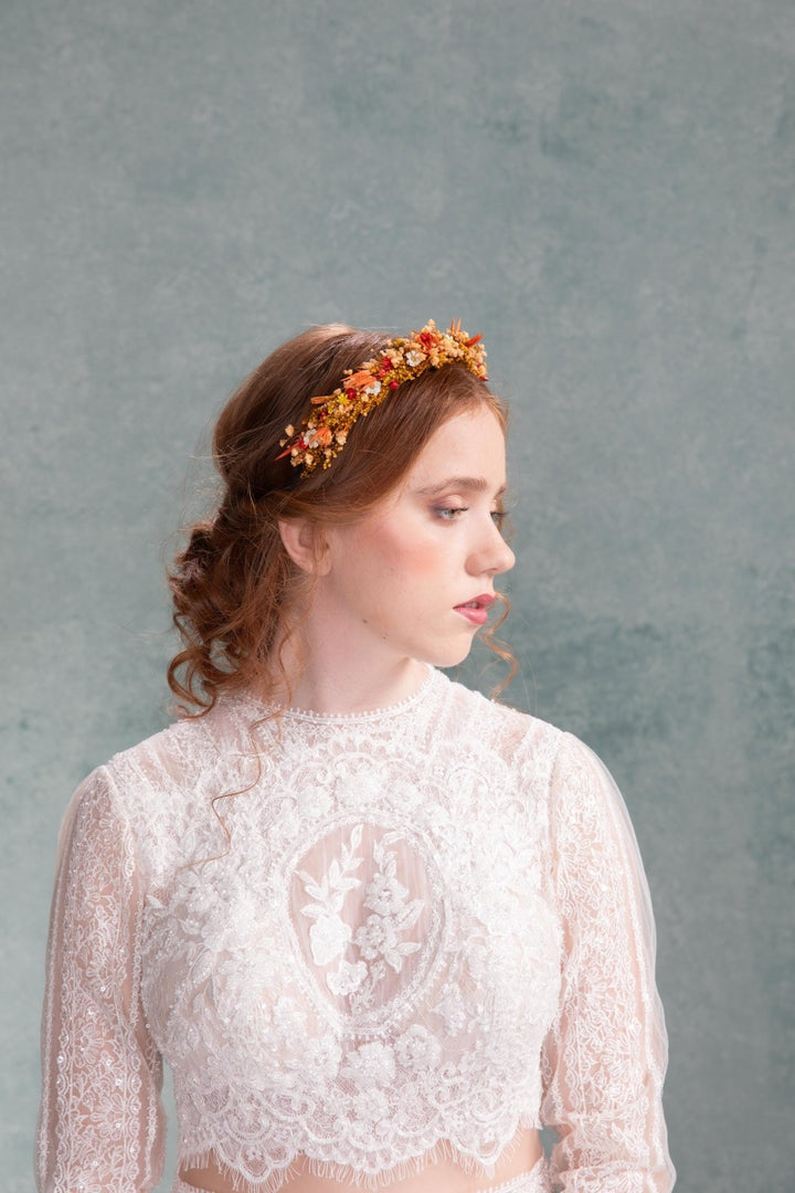 Rustic Autumn Wedding Headband: Preserved Burnt Orange Flowers – handmade floral hair accessory by magaela