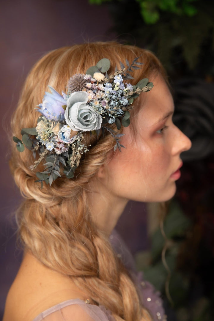 Blue Flower Bridal Hair Comb and Wreath: Boho Eucalyptus Set – handmade floral hair accessory by magaela