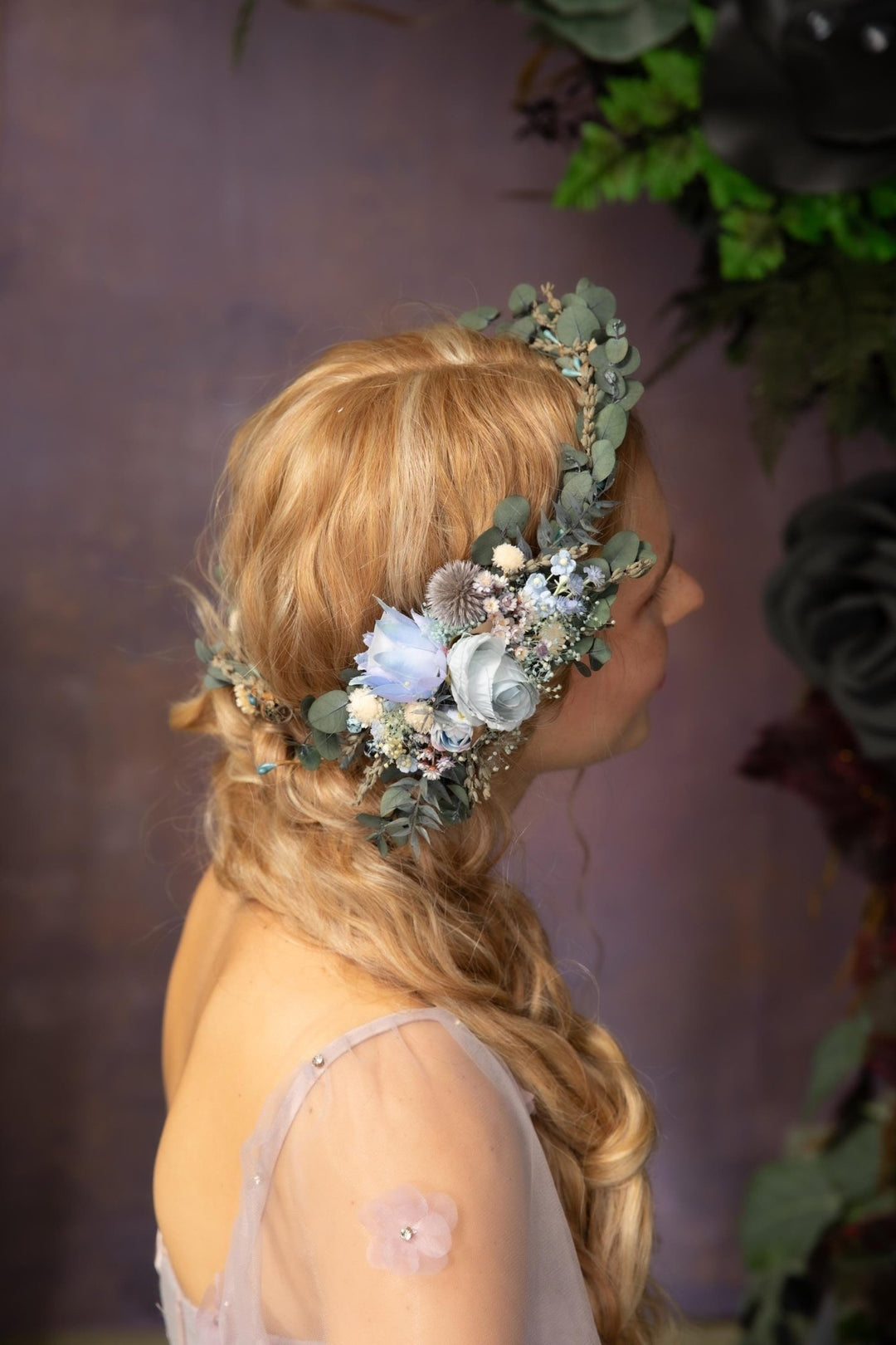 Blue Flower Bridal Hair Comb and Wreath: Boho Eucalyptus Set – handmade floral hair accessory by magaela