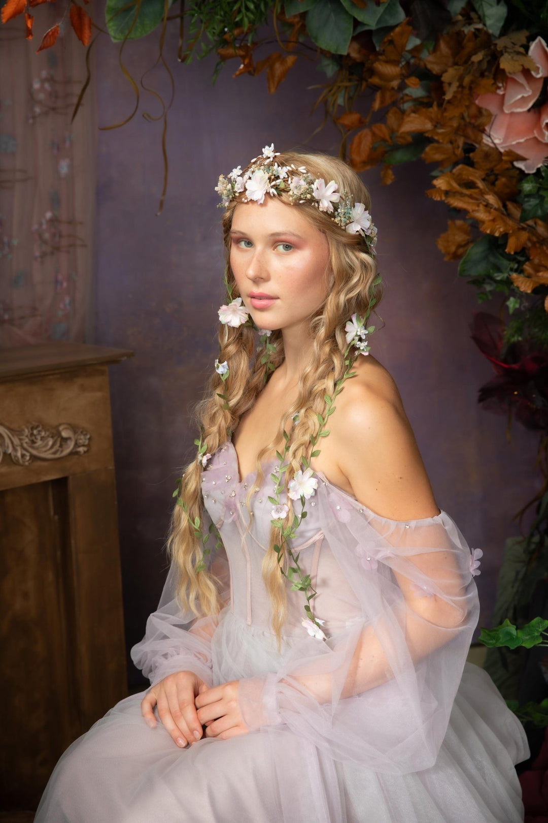 Pearlescent Flower Hair Wreath with Veil: Bridal Fairy Crown – handmade floral hair accessory by magaela