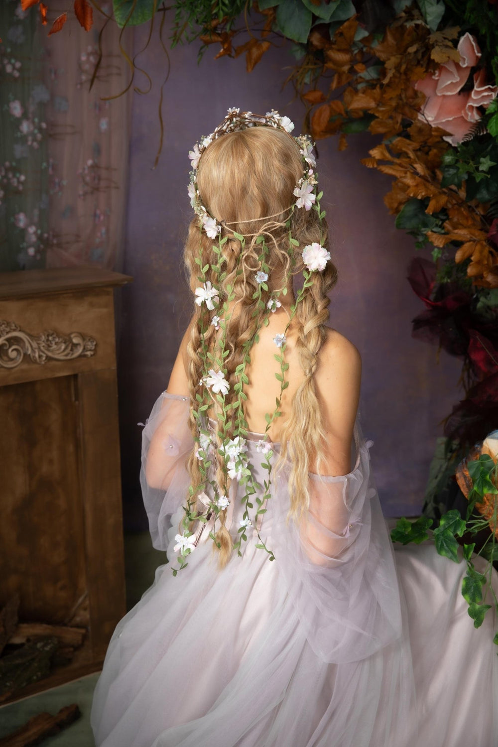 Pearlescent Flower Hair Wreath with Veil: Bridal Fairy Crown – handmade floral hair accessory by magaela