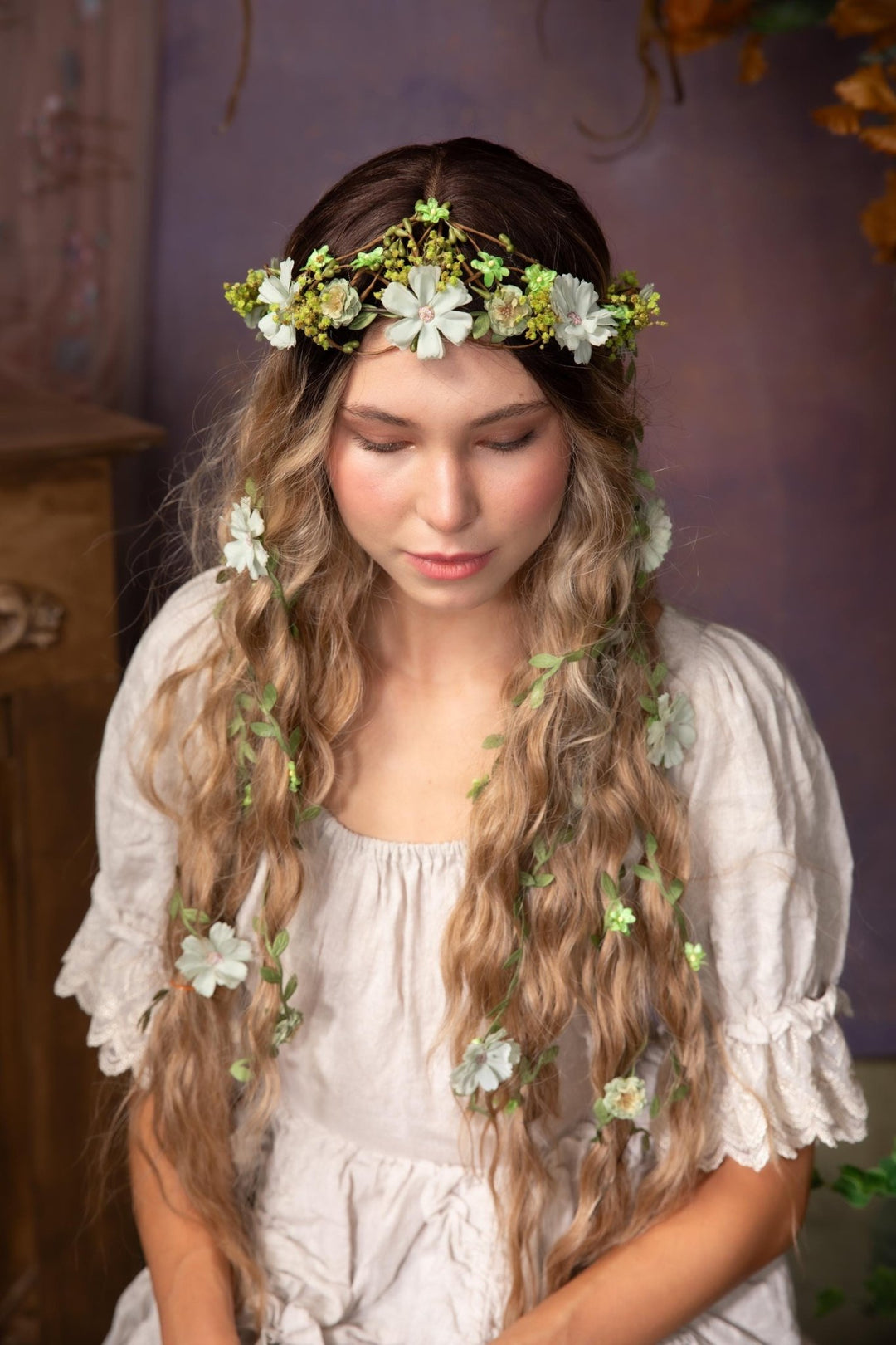 Green Flower Hair Wreath with Veil: Boho Bridal Fairy Crown – handmade floral hair accessory by magaela