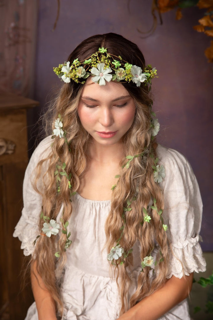 Green Flower Hair Wreath with Veil: Boho Bridal Fairy Crown – handmade floral hair accessory by magaela