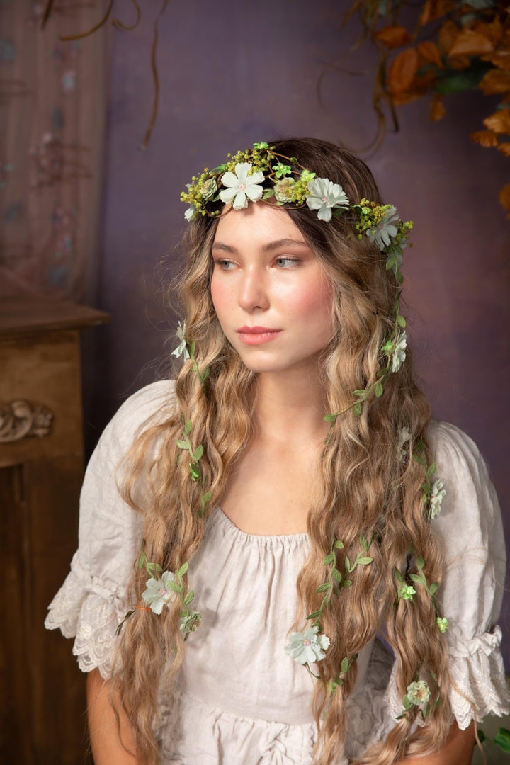 Green Flower Hair Wreath with Veil: Boho Bridal Fairy Crown – handmade floral hair accessory by magaela