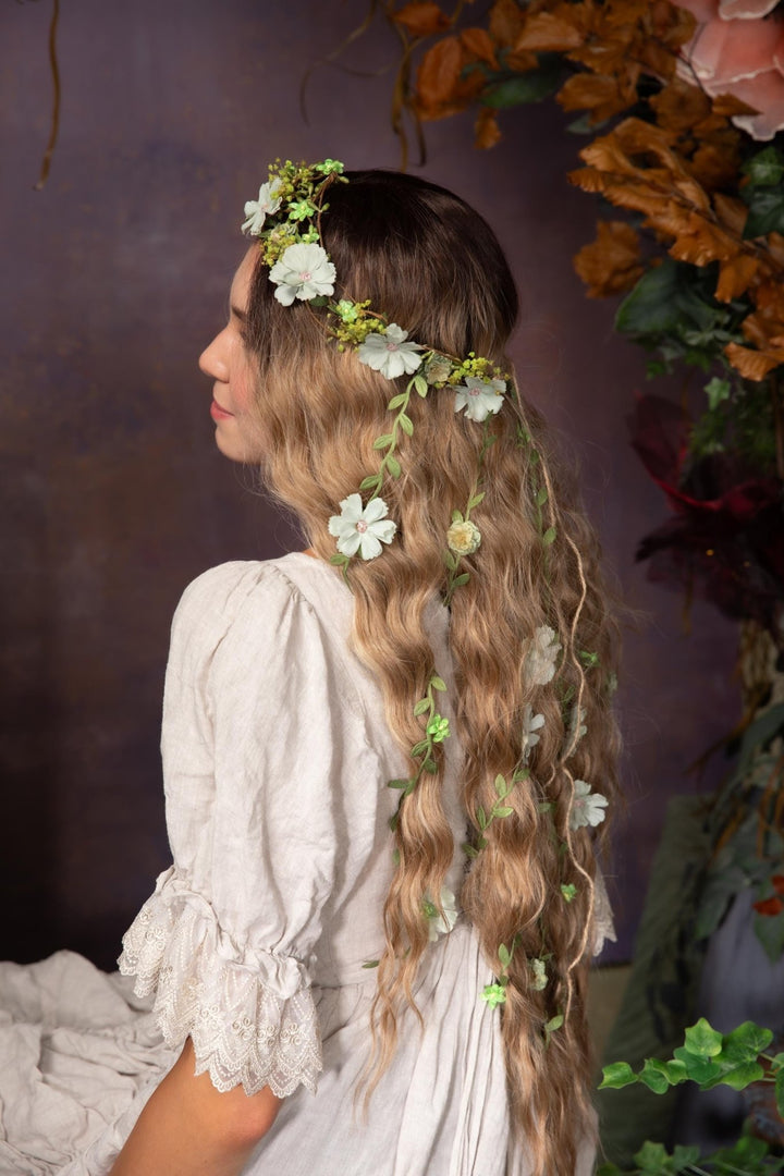 Green Flower Hair Wreath with Veil: Boho Bridal Fairy Crown – handmade floral hair accessory by magaela