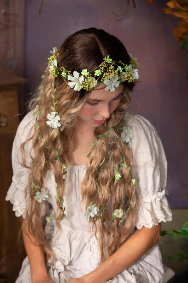Green Flower Hair Wreath with Veil: Boho Bridal Fairy Crown – handmade floral hair accessory by magaela