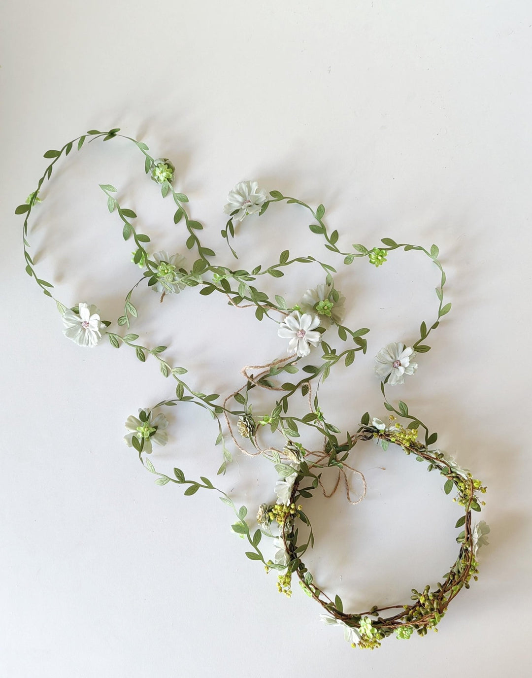 Green Flower Hair Wreath with Veil: Boho Bridal Fairy Crown – handmade floral hair accessory by magaela