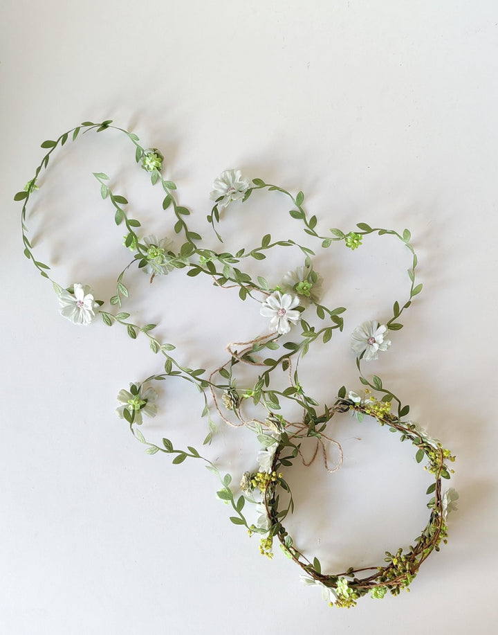 Green Flower Hair Wreath with Veil: Boho Bridal Fairy Crown – handmade floral hair accessory by magaela