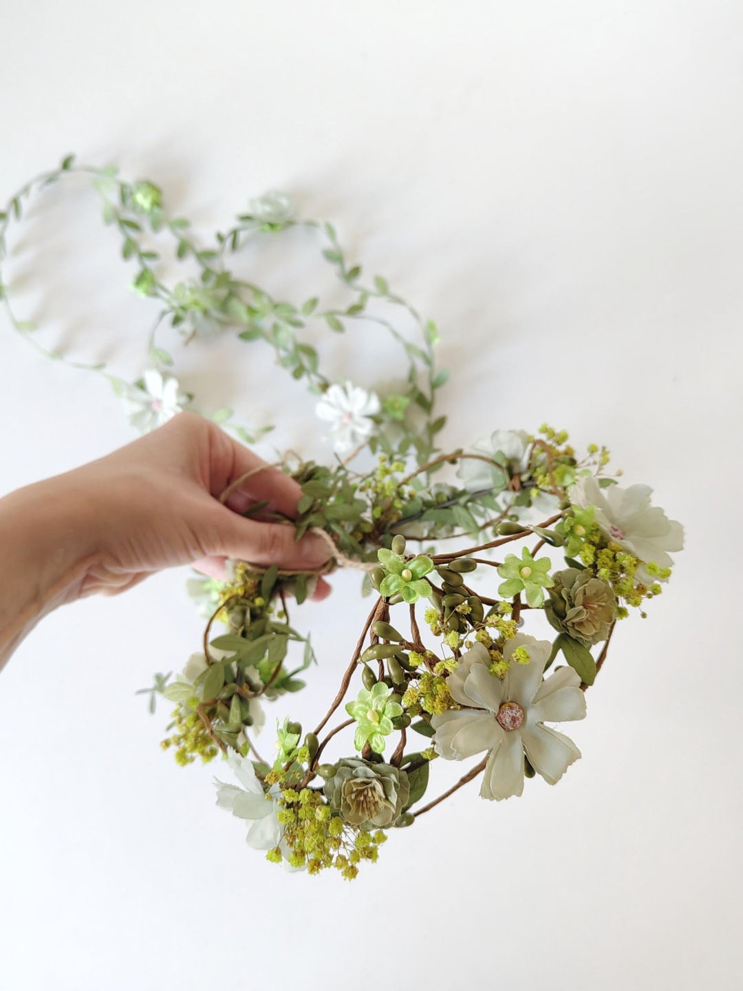 Green Flower Hair Wreath with Veil: Boho Bridal Fairy Crown – handmade floral hair accessory by magaela