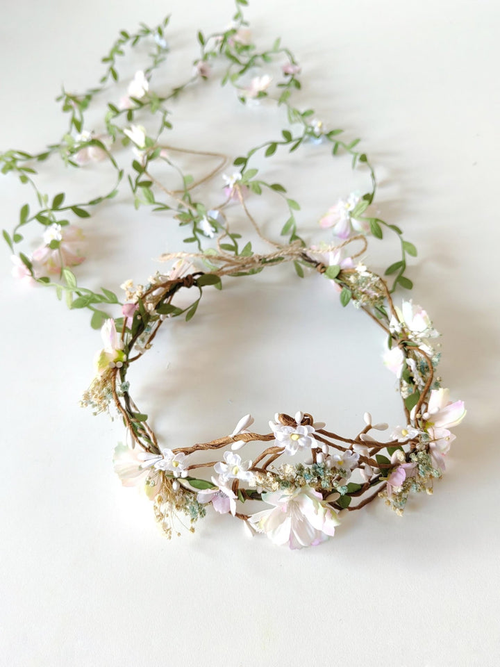 Pearlescent Flower Hair Wreath with Veil: Bridal Fairy Crown – handmade floral hair accessory by magaela