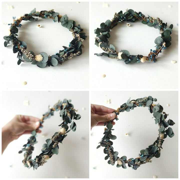Blue Flower Bridal Hair Comb and Wreath: Boho Eucalyptus Set – handmade floral hair accessory by magaela