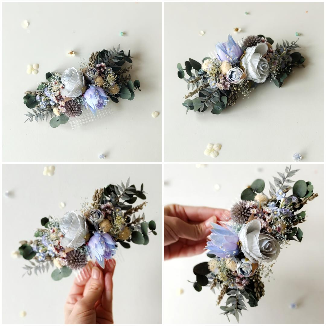 Blue Flower Bridal Hair Comb and Wreath: Boho Eucalyptus Set – handmade floral hair accessory by magaela