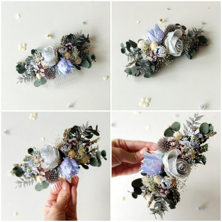 Blue Flower Bridal Hair Comb and Wreath: Boho Eucalyptus Set – handmade floral hair accessory by magaela