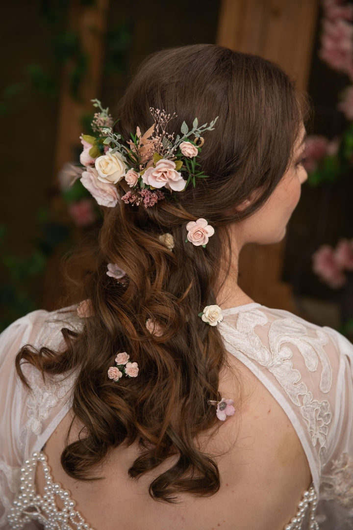 Blush Floral Bridal Hair Vine: Rustic Wedding Veil, Cottagecore Roses – handmade floral hair accessory by magaela