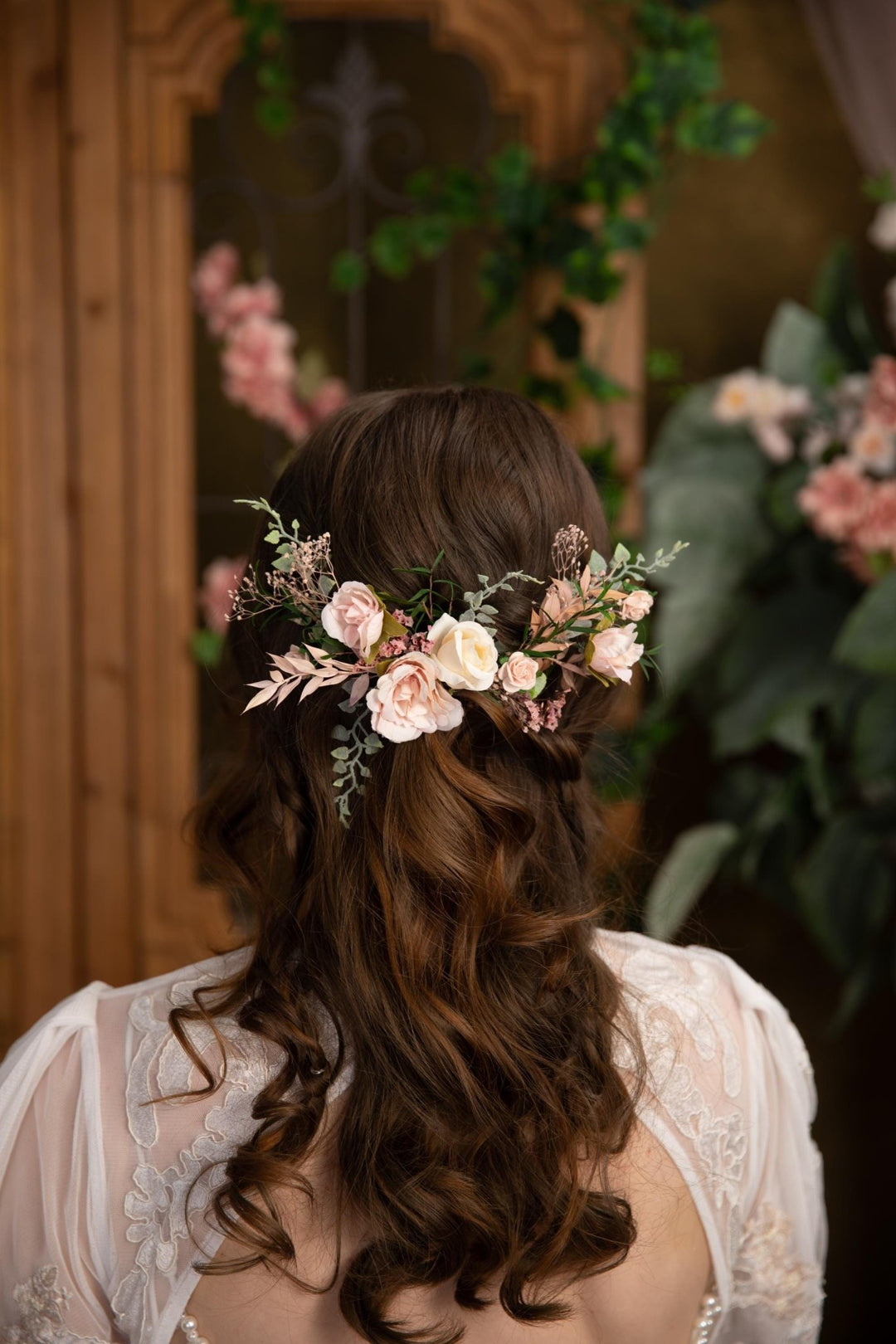 Blush Floral Bridal Hair Vine: Rustic Wedding Veil, Cottagecore Roses – handmade floral hair accessory by magaela