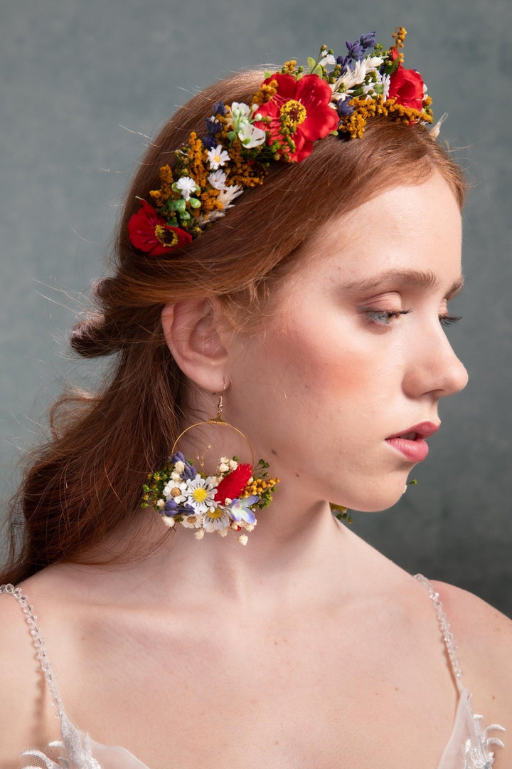 Folk Meadow Flower Circle Earrings: Garden Wedding Jewelry – handmade floral hair accessory by magaela