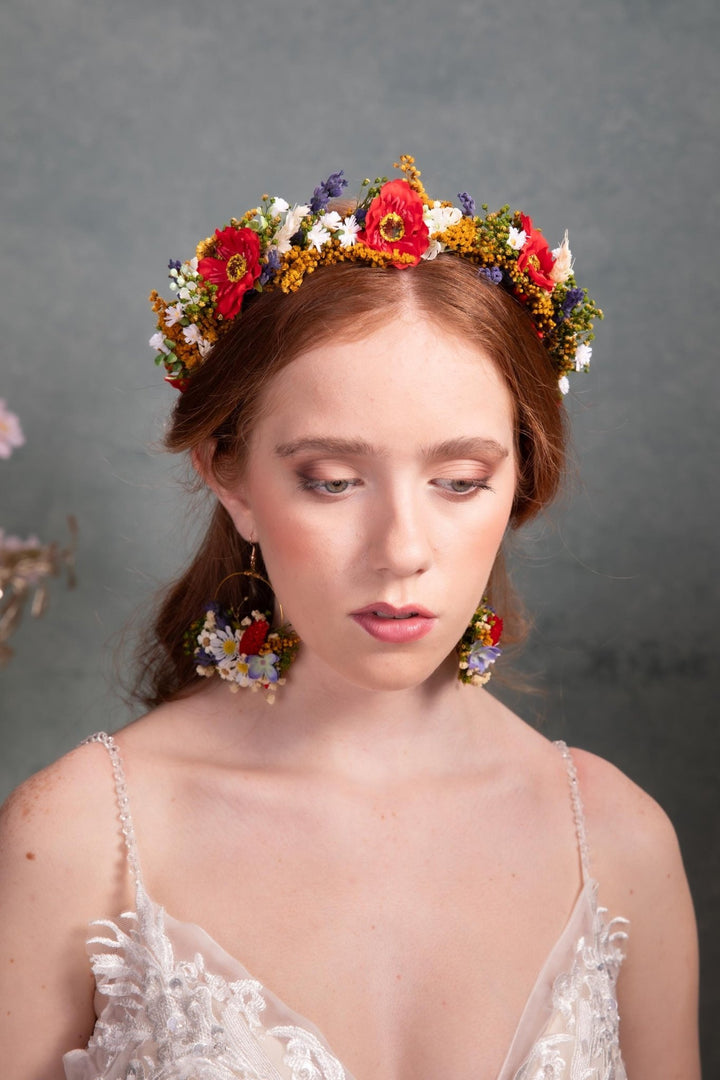 Folk Meadow Flower Circle Earrings: Garden Wedding Jewelry – handmade floral hair accessory by magaela