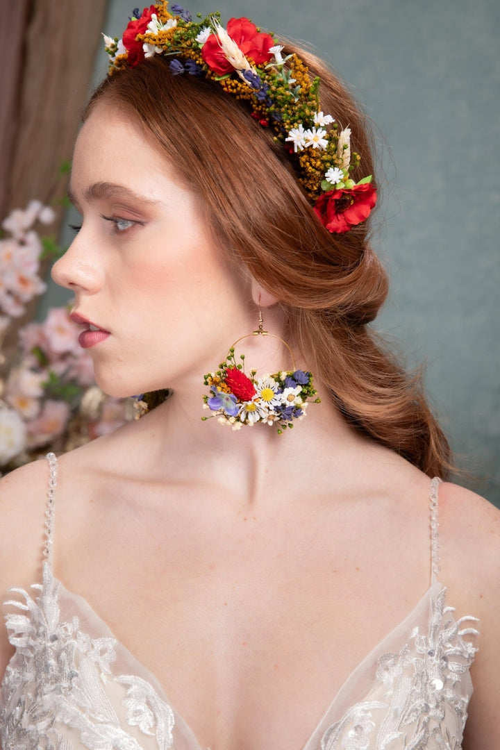 Folk Meadow Flower Circle Earrings: Garden Wedding Jewelry – handmade floral hair accessory by magaela