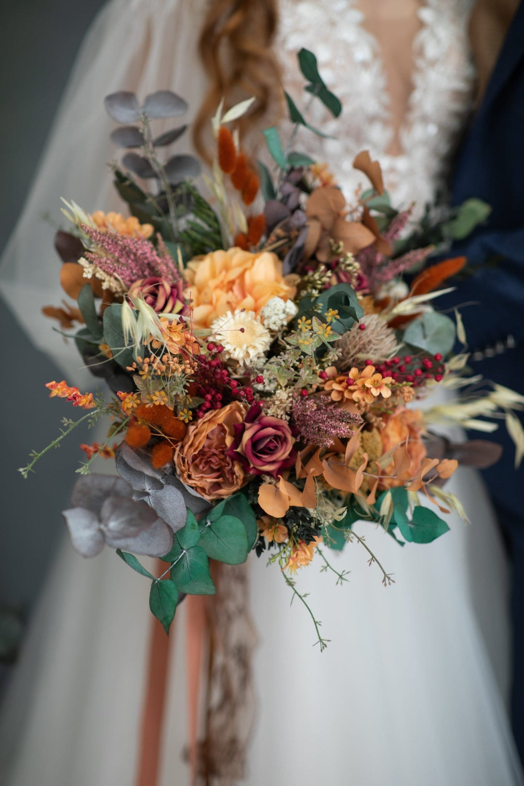 Large Boho Wedding Bouquet: Burnt Orange Autumn Bridal Bouquet – handmade floral hair accessory by magaela