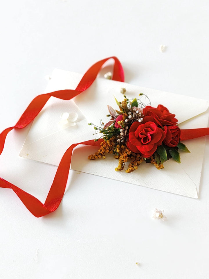 Red Rose Corsage Bracelet: Boho Bridal Wrist Accessory – handmade floral hair accessory by magaela