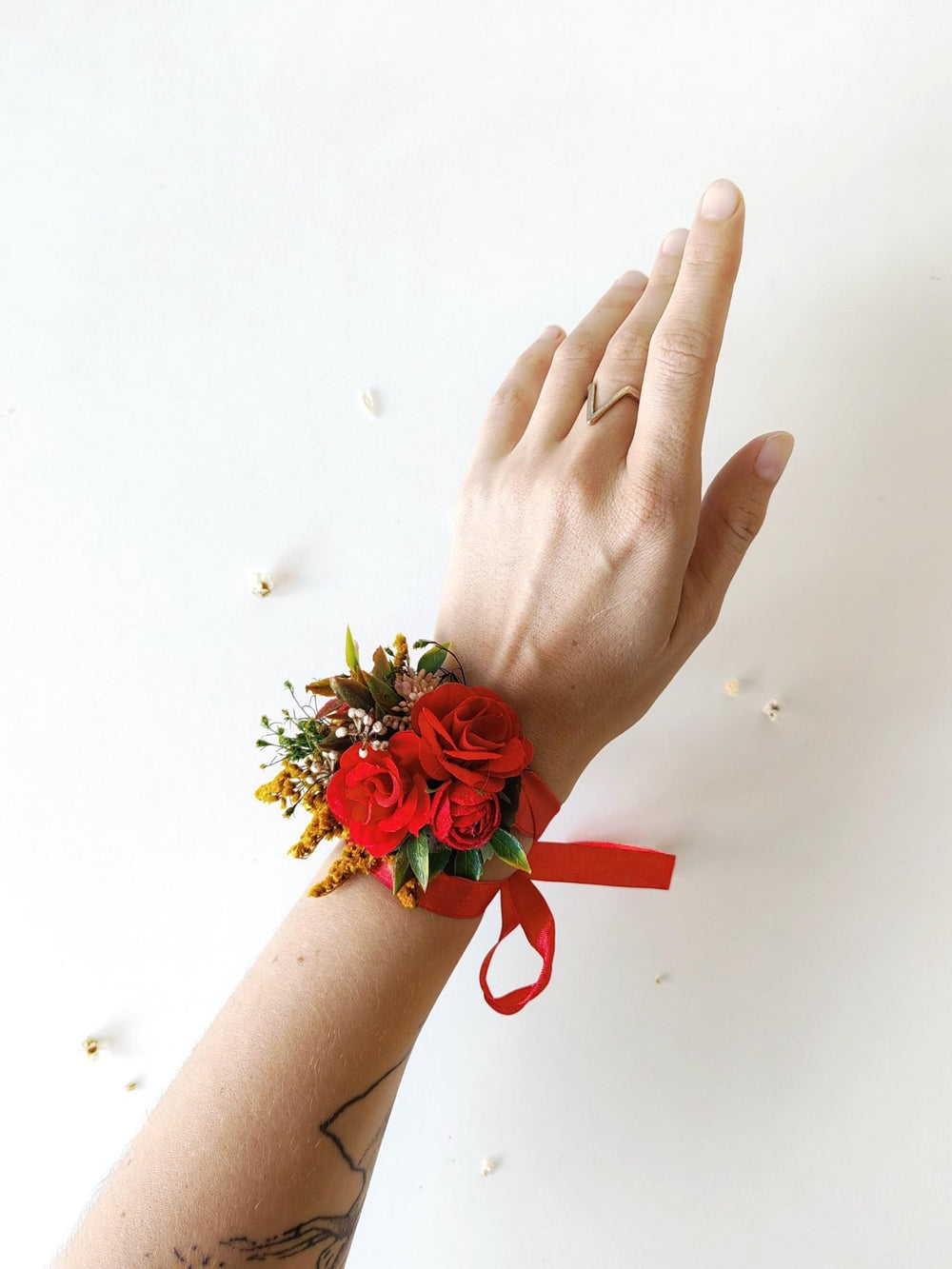 Red Rose Corsage Bracelet: Boho Bridal Wrist Accessory – handmade floral hair accessory by magaela