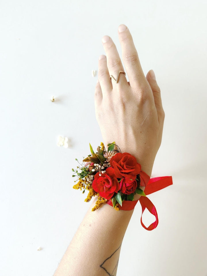 Red Rose Corsage Bracelet: Boho Bridal Wrist Accessory – handmade floral hair accessory by magaela