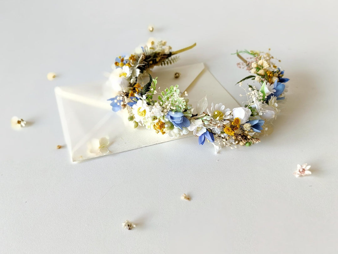 Meadow Flower Headband: White, Blue, & Daisy Bridal Headpiece – handmade floral hair accessory by magaela