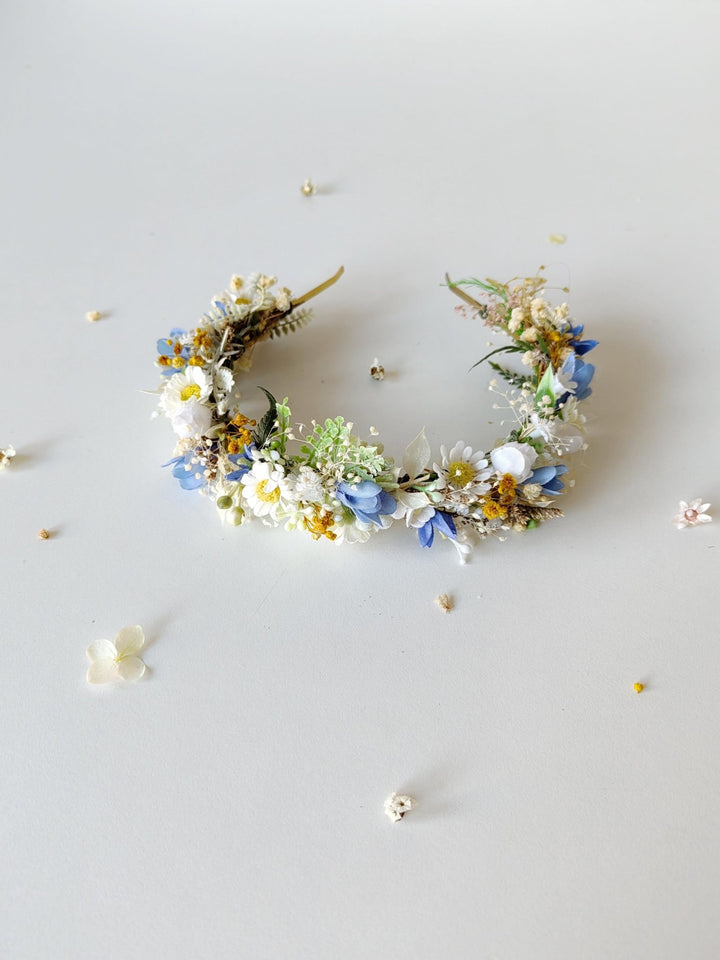 Meadow Flower Headband: White, Blue, & Daisy Bridal Headpiece – handmade floral hair accessory by magaela