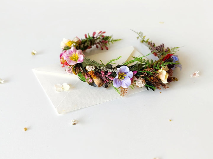 Wildflower Bridal Headband: Colorful Boho Meadow Flower Crown – handmade floral hair accessory by magaela