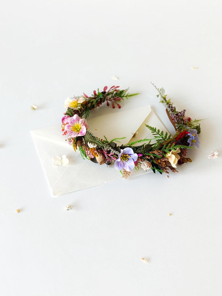 Wildflower Bridal Headband: Colorful Boho Meadow Flower Crown – handmade floral hair accessory by magaela