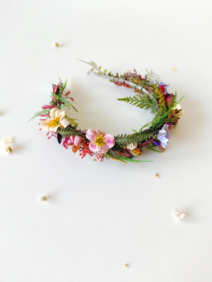 Wildflower Bridal Headband: Colorful Boho Meadow Flower Crown – handmade floral hair accessory by magaela
