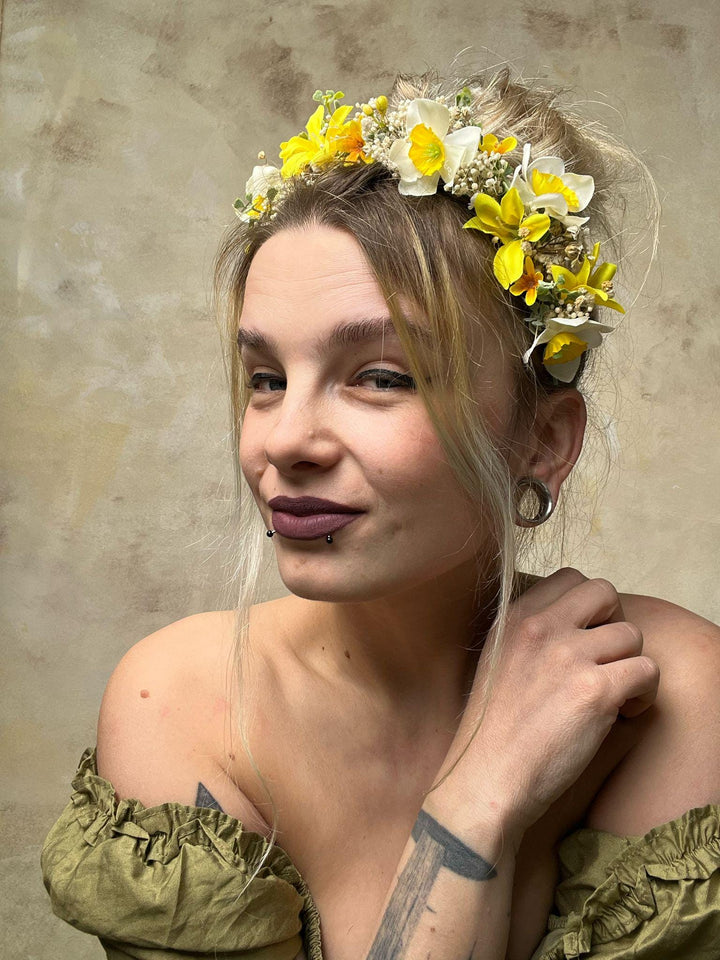 Forsythia Flower Crown: Yellow Narcissus Headband, Bridal Headpiece – handmade floral hair accessory by magaela