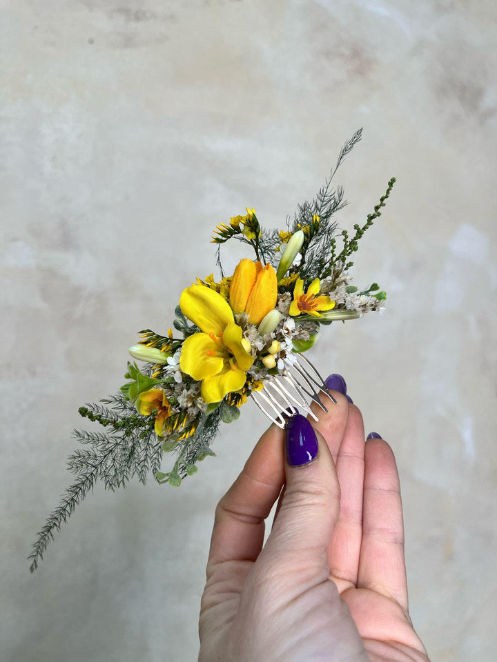 Yellow Flower Hair Comb: Forsythia Tulip Bridal Headpiece – handmade floral hair accessory by magaela