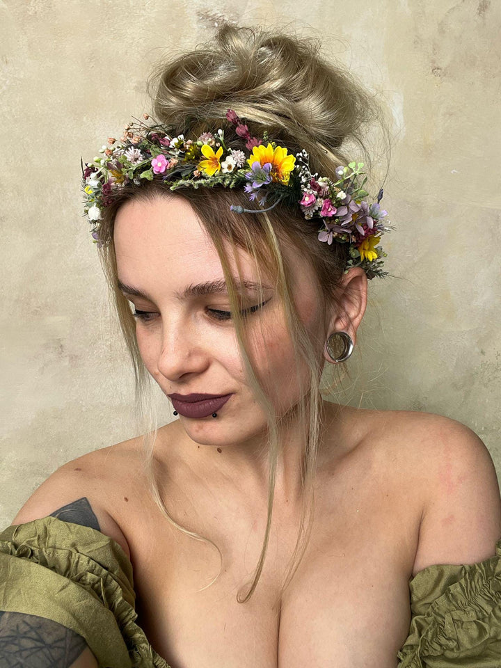 Sunflower Meadow Flower Crown: Bridal Wedding Headpiece – handmade floral hair accessory by magaela