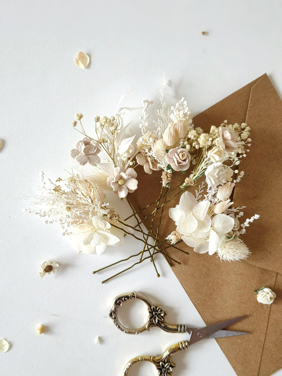 Cream Flower Hairpins: Boho Rustic Wedding Hairstyle – handmade floral hair accessory by magaela