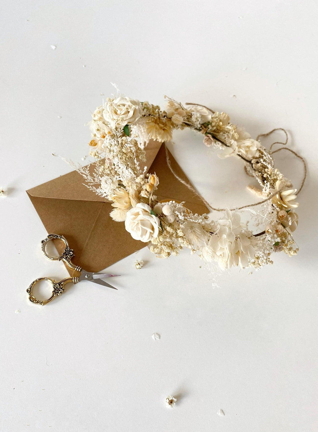 Beige Flower Hair Wreath: Rustic Cottagecore Wedding Headpiece – handmade floral hair accessory by magaela