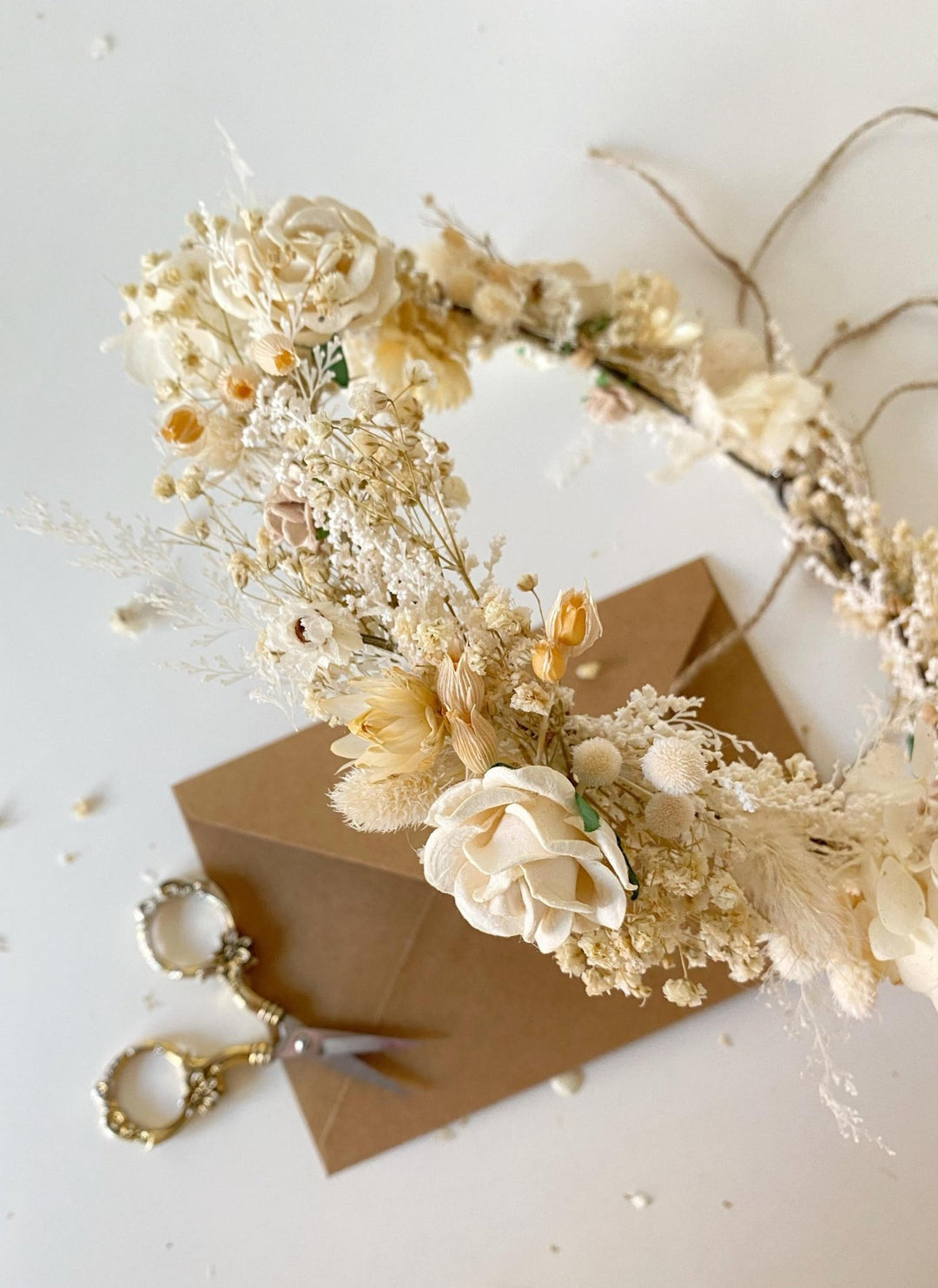 Beige Flower Hair Wreath: Rustic Cottagecore Wedding Headpiece – handmade floral hair accessory by magaela