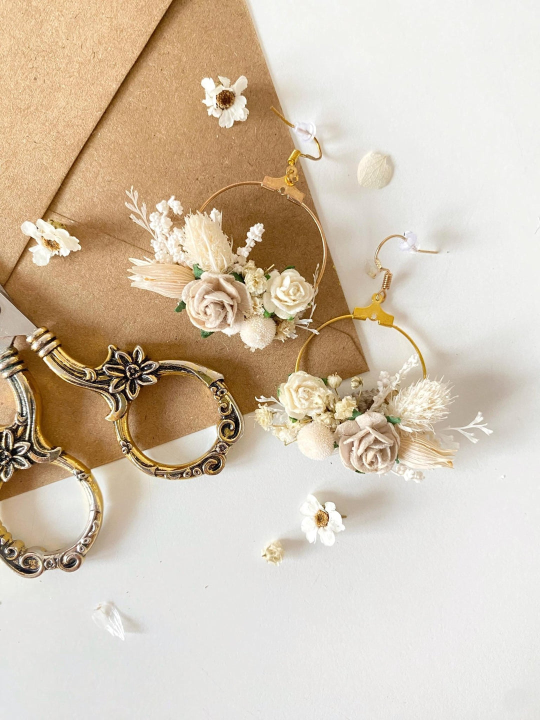 Rustic Flower Hoop Earrings: Beige Bridal Jewelry – handmade floral hair accessory by magaela