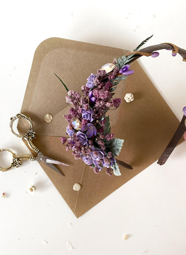 Purple Flower Headband with Stones: Bridal Headpiece – handmade floral hair accessory by magaela